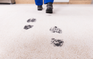 “Dirty boot prints on carpet showing why it’s important to clean carpet before rainy season.”